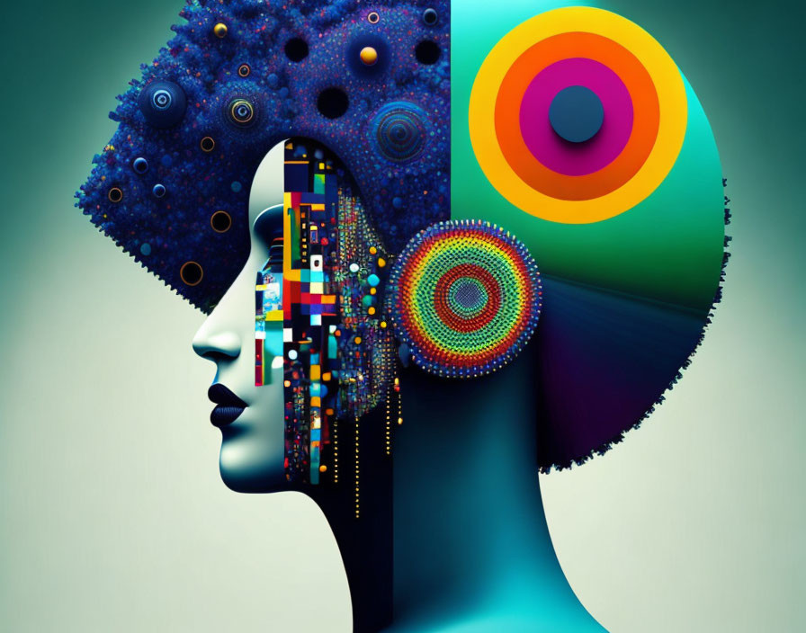 Human profile with digital and cosmic design beside colorful circular patterns