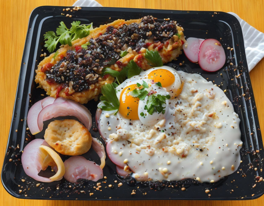 Plate of Food: Sunny-Side-Up Eggs, Oatmeal, Fried Chicken, Radish,