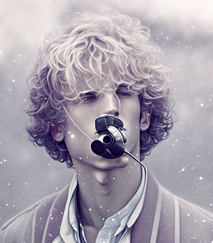 Surreal portrait of person with curly hair and galactic motif