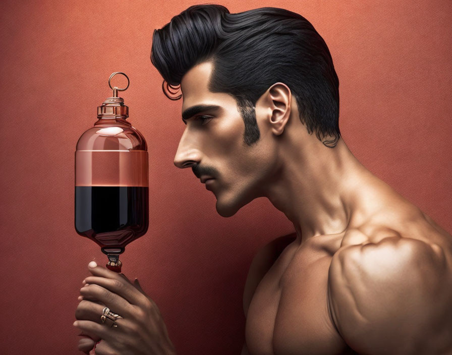 Muscular Man Holding Grenade-Shaped Cologne Bottle on Red Background