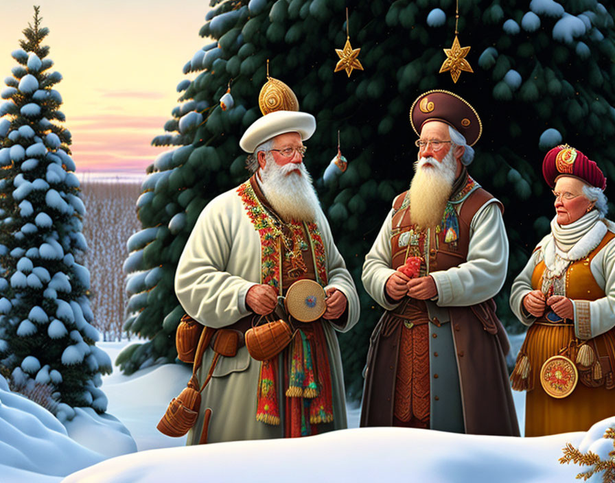 Three individuals in traditional folk costumes by snowy fir tree in winter landscape