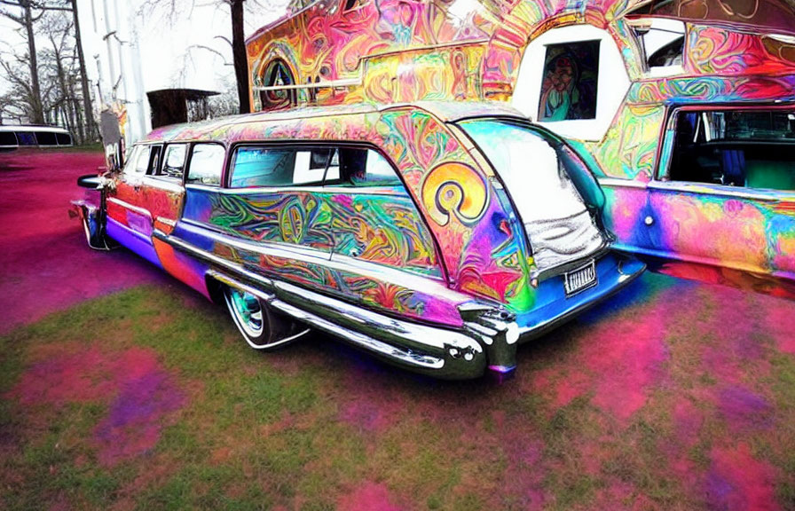 Colorful Psychedelic Swirls on Classic Limousine Parked on Grass