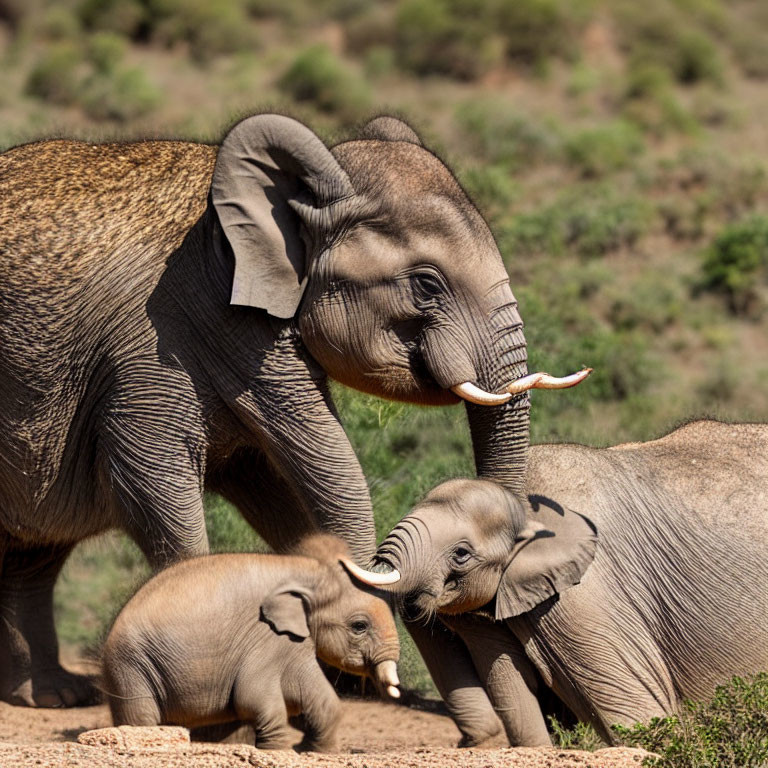 Adult and calf elephants in savanna grassland.