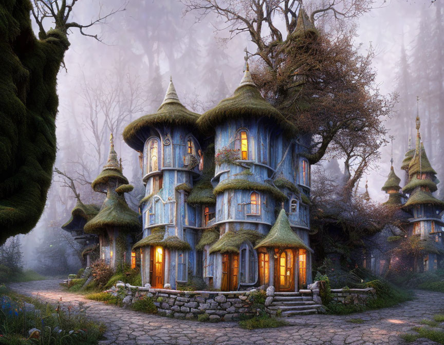 Mushroom-shaped House in Misty Forest with Glowing Windows