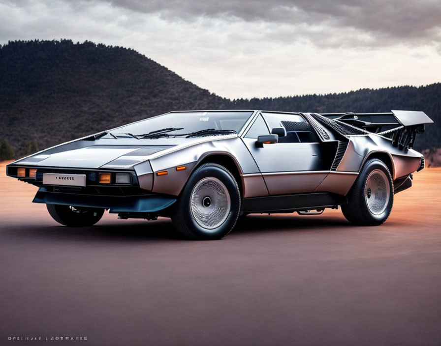 Vintage Sports Car with Wedge Shape, Pop-Up Headlights, and Rear Louvers in Outdoor Setting