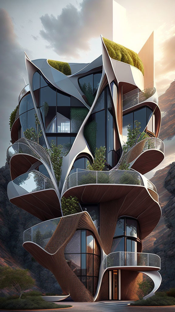 Modern building design with organic shapes, glass façade, green terraces, cliffs, sunset sky