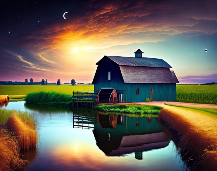 Tranquil rural pond scene with barn, fields, and twilight sky