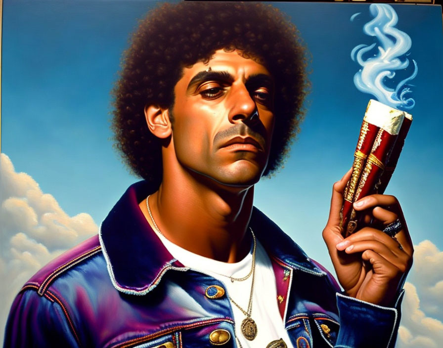 Stylized painting of man with afro, denim jacket, holding firecracker