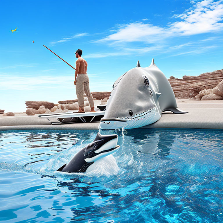 Man fishing on yacht with two animated killer whales, one in shark costume