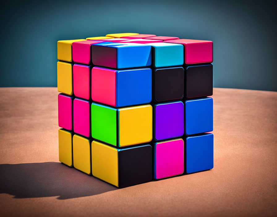 Colorful Partially Solved Rubik's Cube on Brown Surface with Teal Background