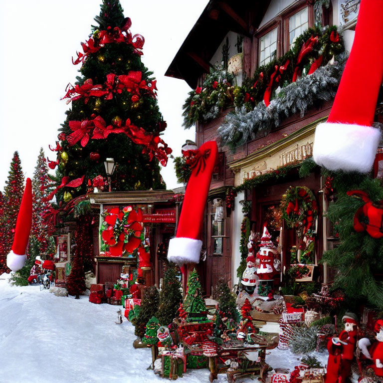 Snowy Christmas Scene with Trees, Presents, Stockings, and Garlands