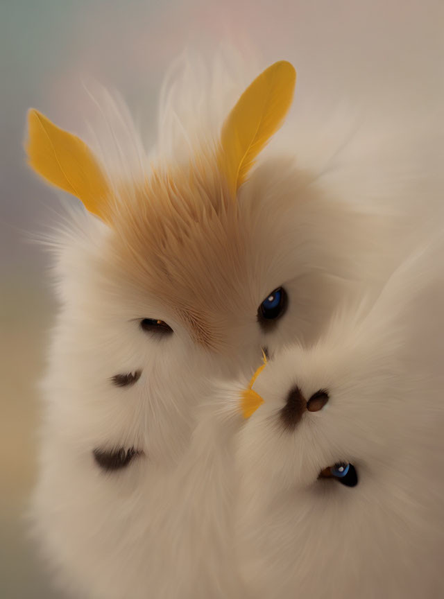 Fluffy White Creatures with Blue Eyes and Horns and Leaf