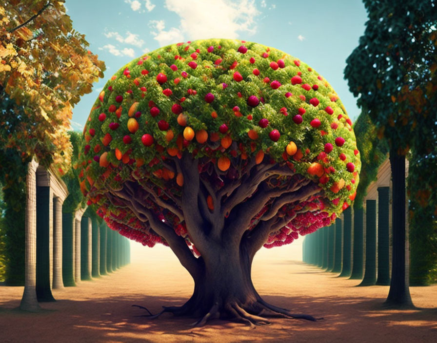 Colorful Fruited Tree at End of Path