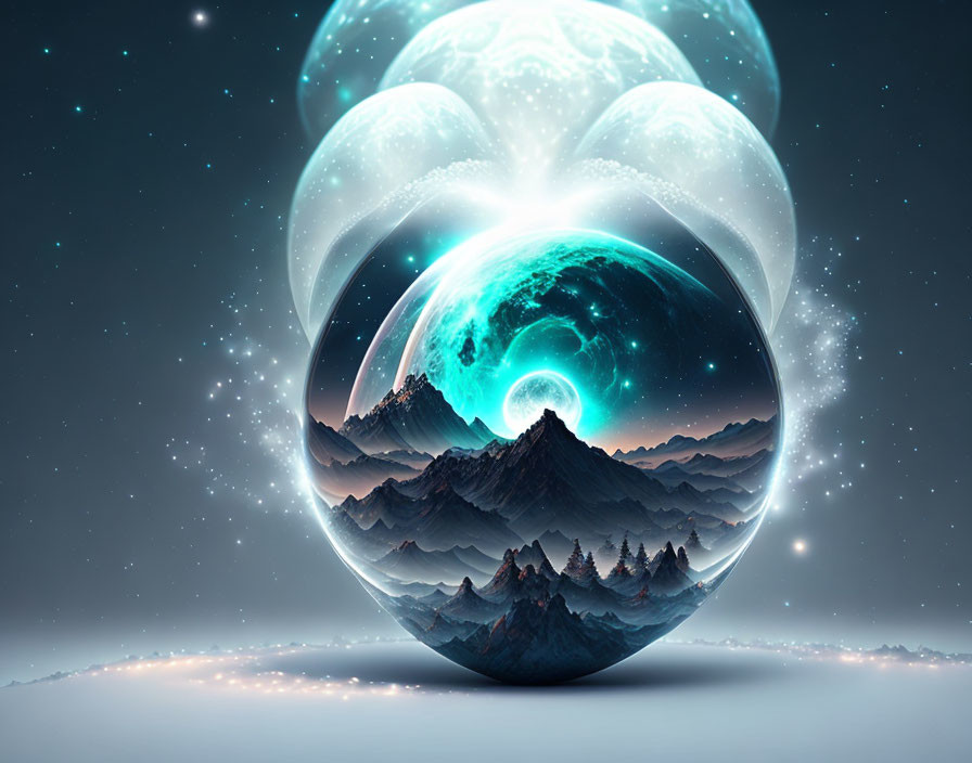 Surreal landscape: Mountains in transparent spheres under starry sky