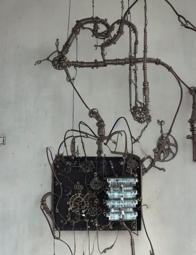 Industrial Wall-Mounted Kinetic Sculpture with Metallic Pipes & Gears