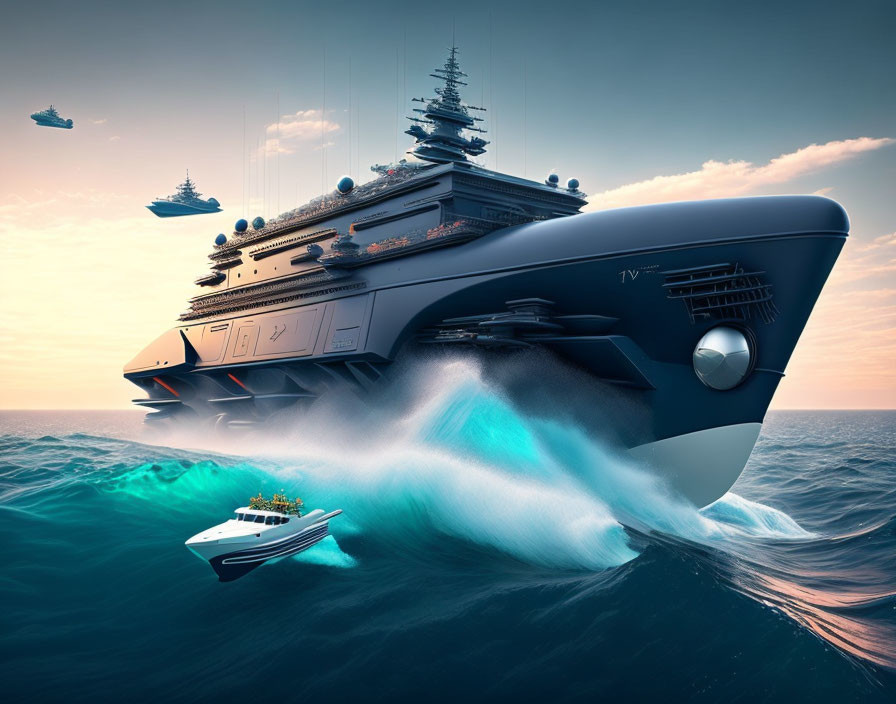 Sleek futuristic mega yacht and smaller boat under dusk sky