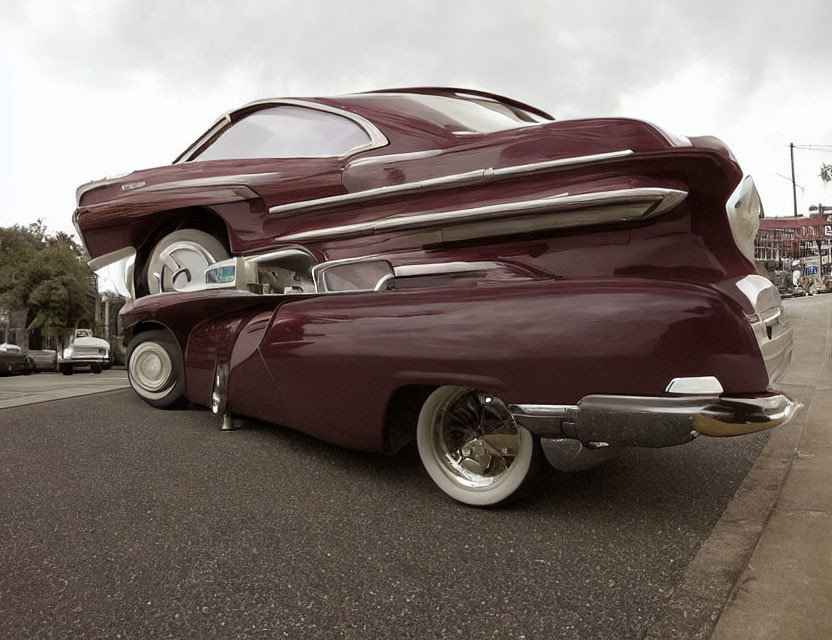 Distorted classic car with exaggerated features on urban street backdrop