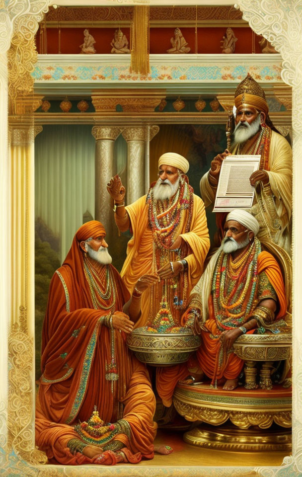 Four Bearded Men in Traditional Orange Attire Talking in Forest Setting