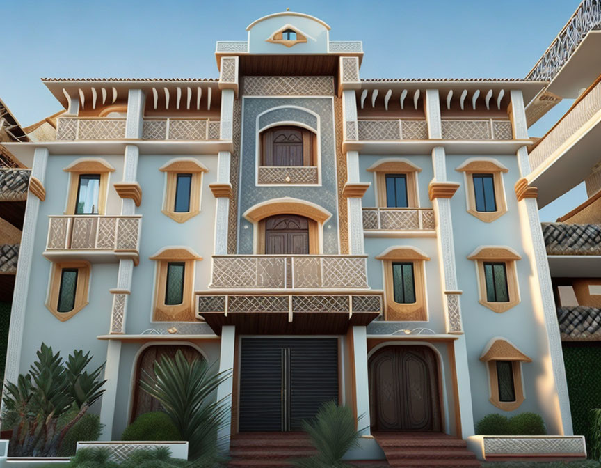 Ornate triple-story house with arched windows & intricate balconies