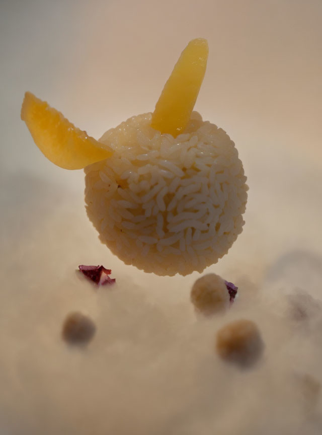 Whimsical rice ball with citrus fruit ears in misty background