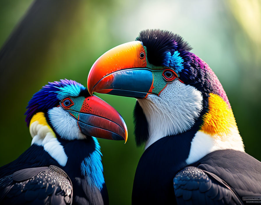 Colorful toucans with vibrant beaks on soft-focus green background