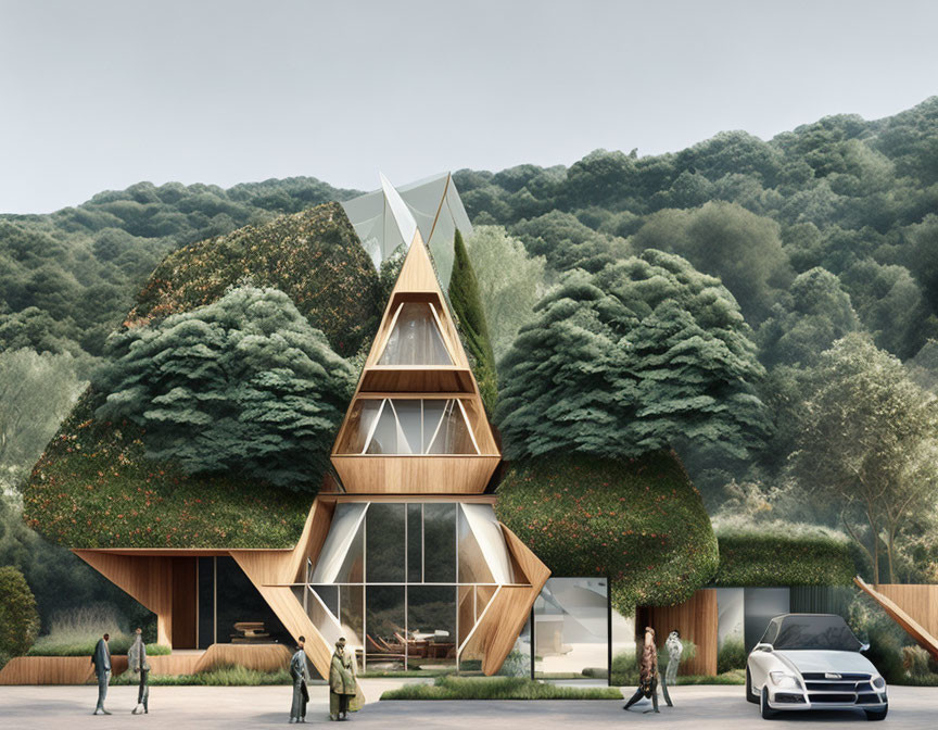 Contemporary glass and wood house in green surroundings with people and car.