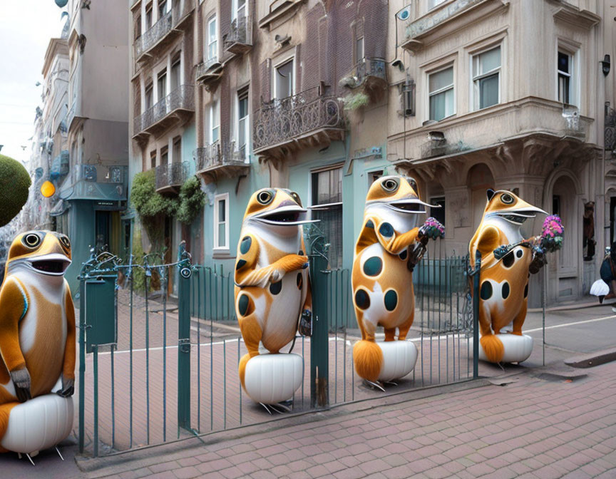 Four whimsical fish sculptures on urban sidewalk railings blending into city scene