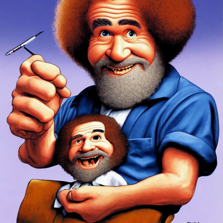 Vibrant illustration of a smiling man with afro holding mini version in blue outfit