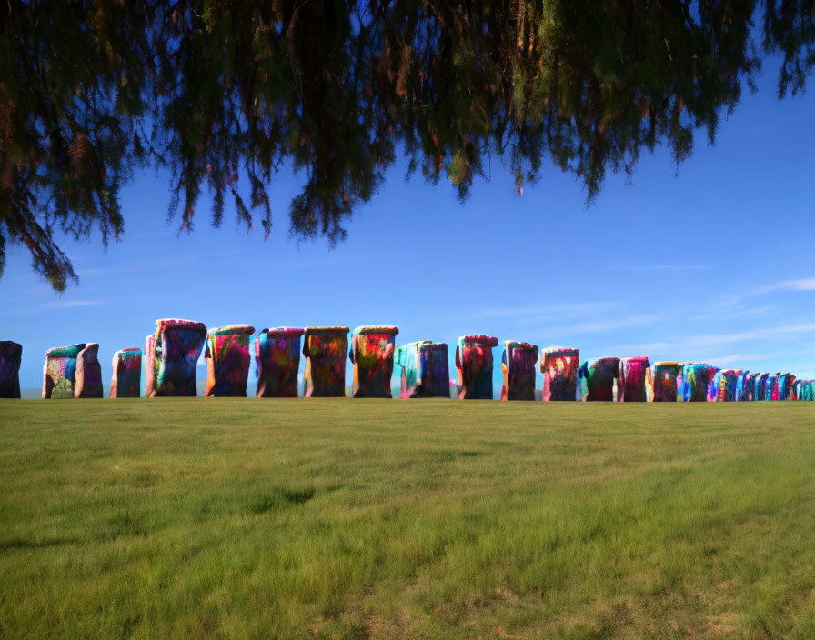 Brightly painted Stonehenge-like rock slabs in green field under blue sky.