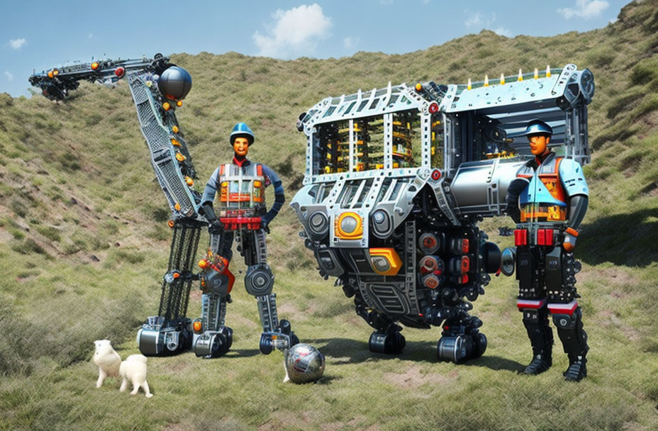 Futuristic robotic suits with human and dog on grassy terrain