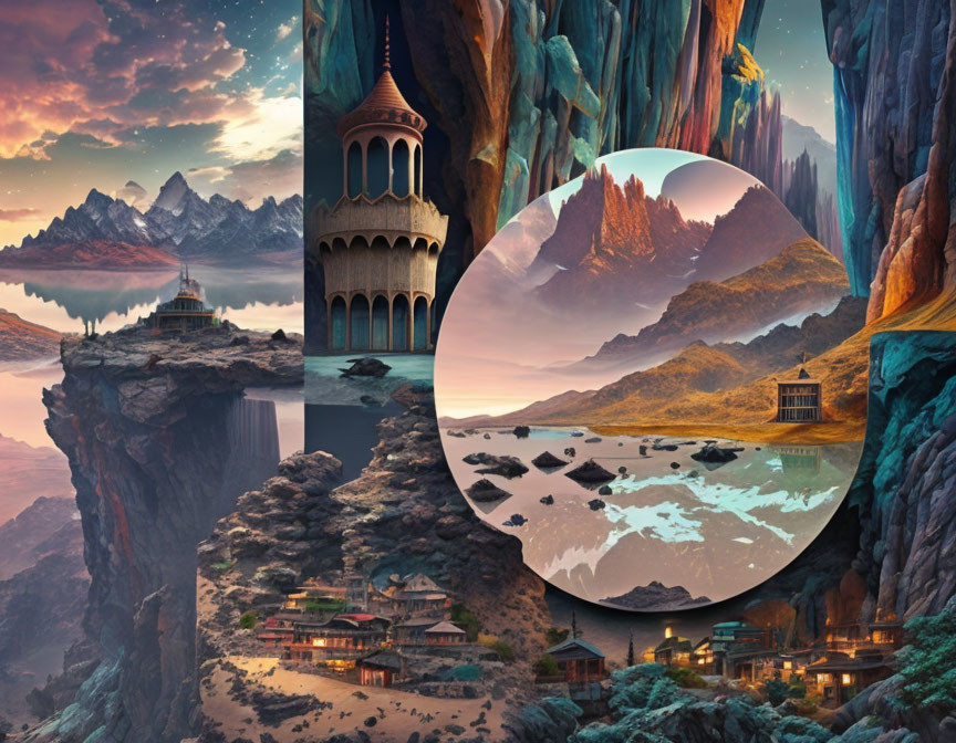 Majestic fantasy collage with waterfall, cliffs, ancient buildings, lakes, dramatic sky