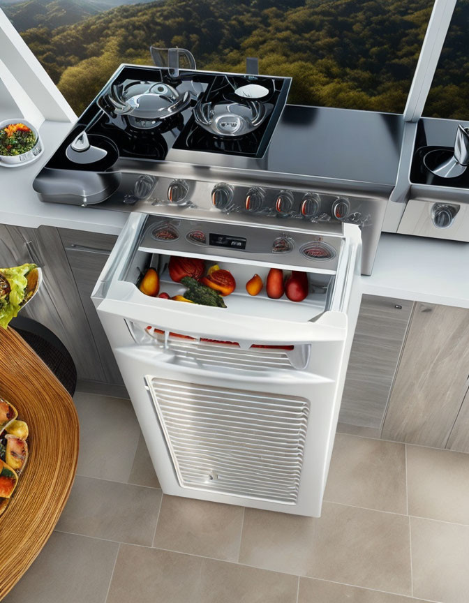 Modern kitchen with stainless steel gas stove, open white oven, and forest view through window.