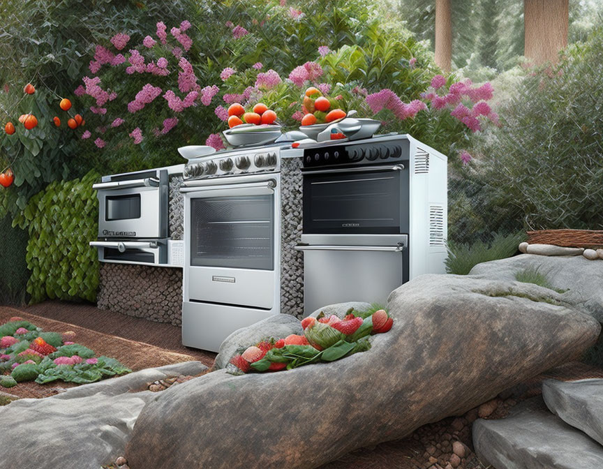 Modern outdoor kitchen with natural elements and fresh produce.