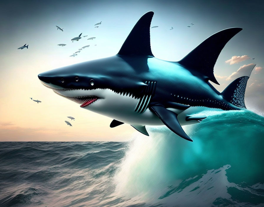 Digital artwork: Giant shark jumping from ocean with birds at sunset