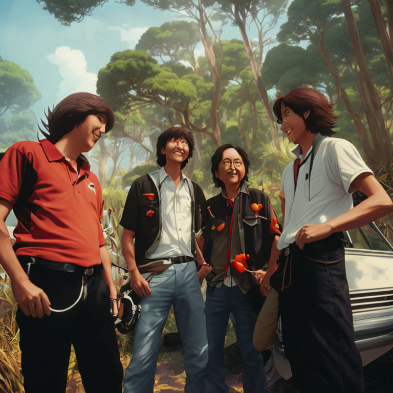 Four young adult animated characters laughing in sunny forest.