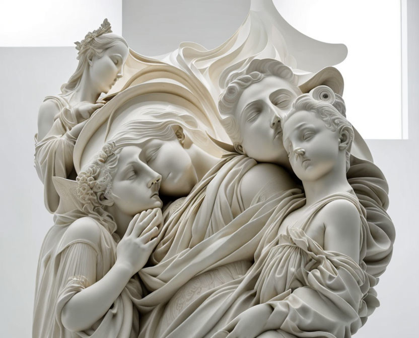 Intricate Sculpture of Four Serene Figures in Flowing Drapery