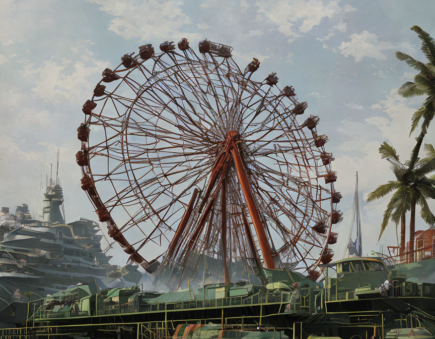 Ferris wheel surrounded by military vehicles in a themed setting