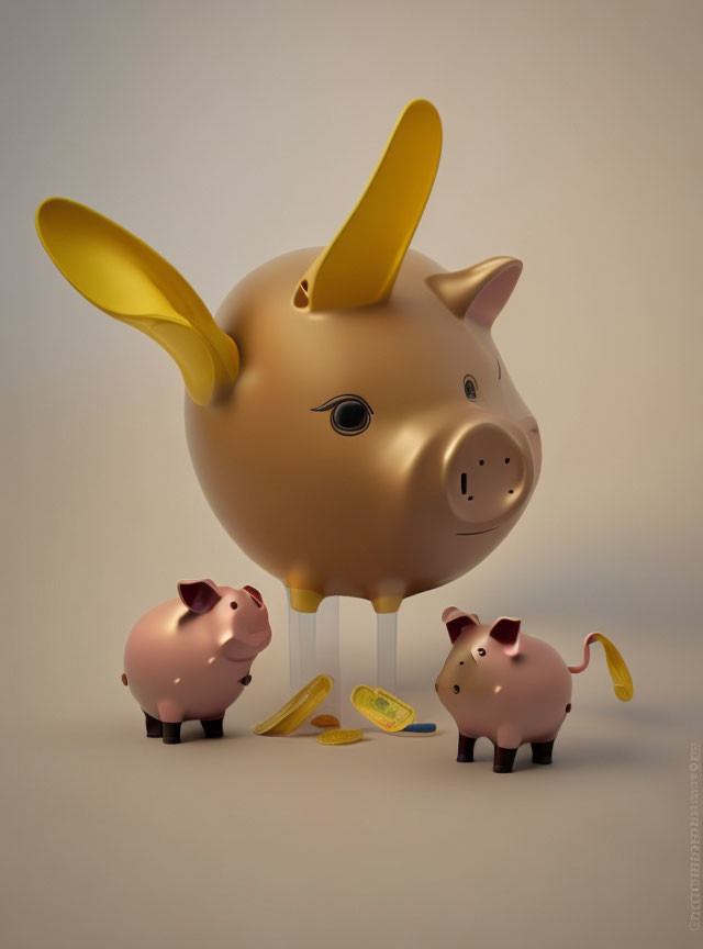 Golden piggy bank with wings, smaller piggy banks, coins, and credit card on floor