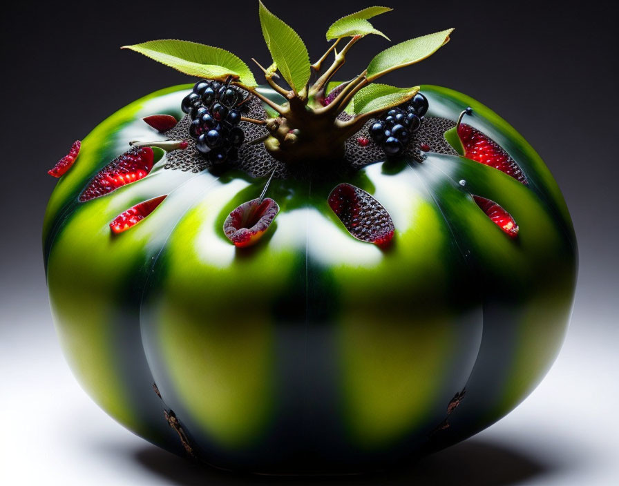 Digitally manipulated green-striped tomato with berries and strawberry slices.