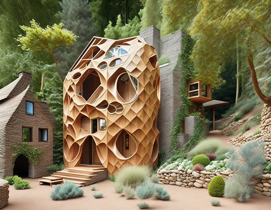 Circular Windows Honeycomb House in Lush Garden