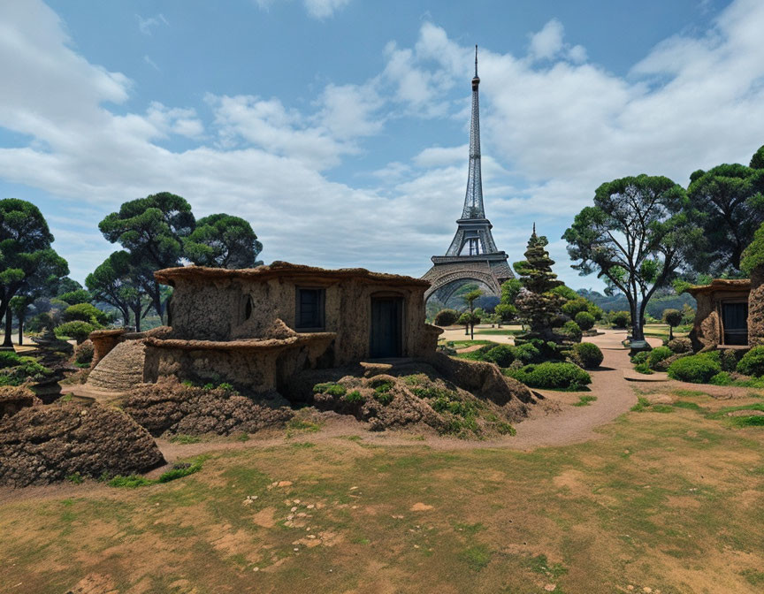 Composite Image: Earthen Houses with Round Roofs and Eiffel Tower in Park