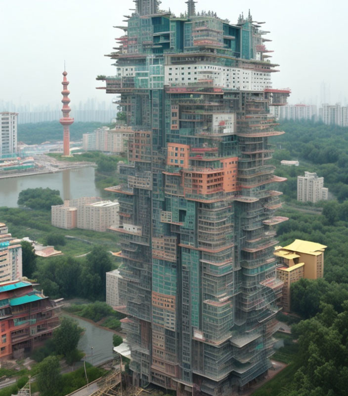 Unfinished high-rise building with balconies in cityscape