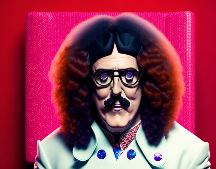 Colorful portrait of character with curly hair, large sunglasses, mustache, and vibrant outfit on red