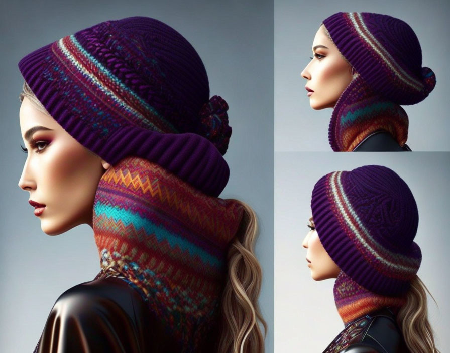 Colorful Knitted Beanie and Scarf Set Modeling in Three Poses