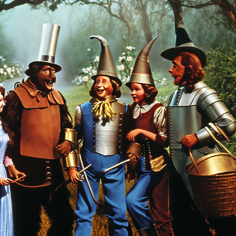 Four diverse characters in unique costumes and pointy hats in mystical setting