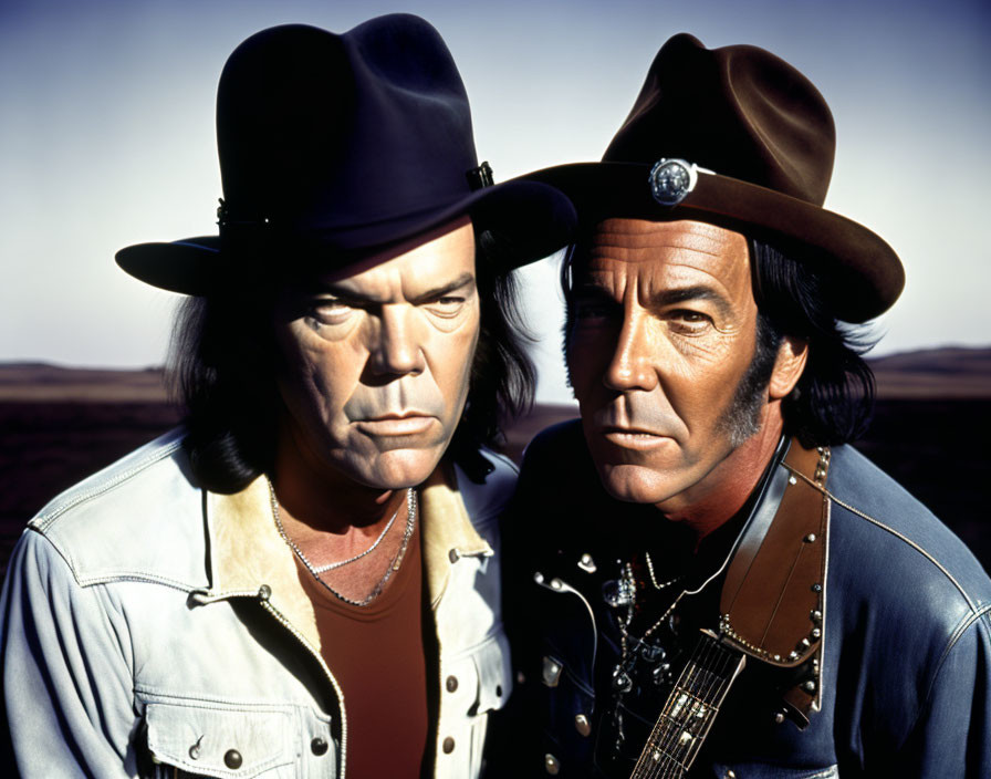 Two Men in Cowboy Hats and Western Attire Outdoors Under Clear Sky