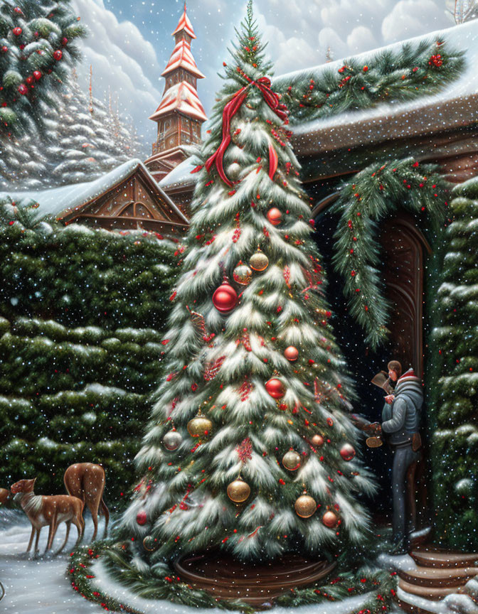 Outdoor Christmas tree decoration with baubles, snowfall, deer, and cozy building