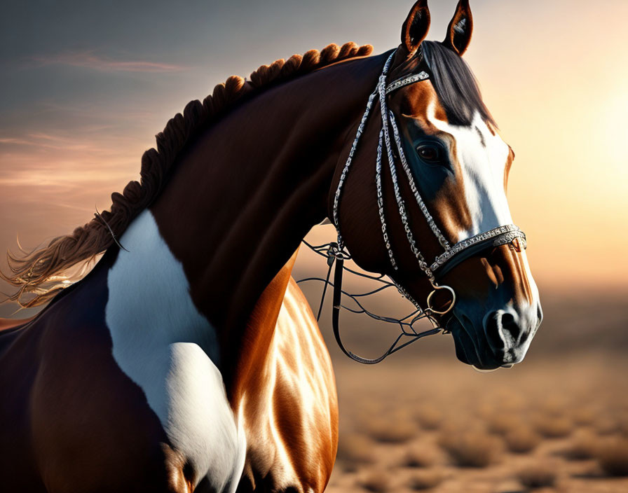 Brown and White Horse with Braided Mane in Desert Landscape