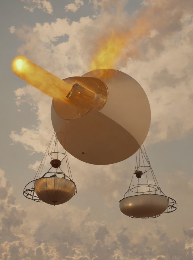 Giant retro-futuristic airship with gondolas and flames in cloudy sky