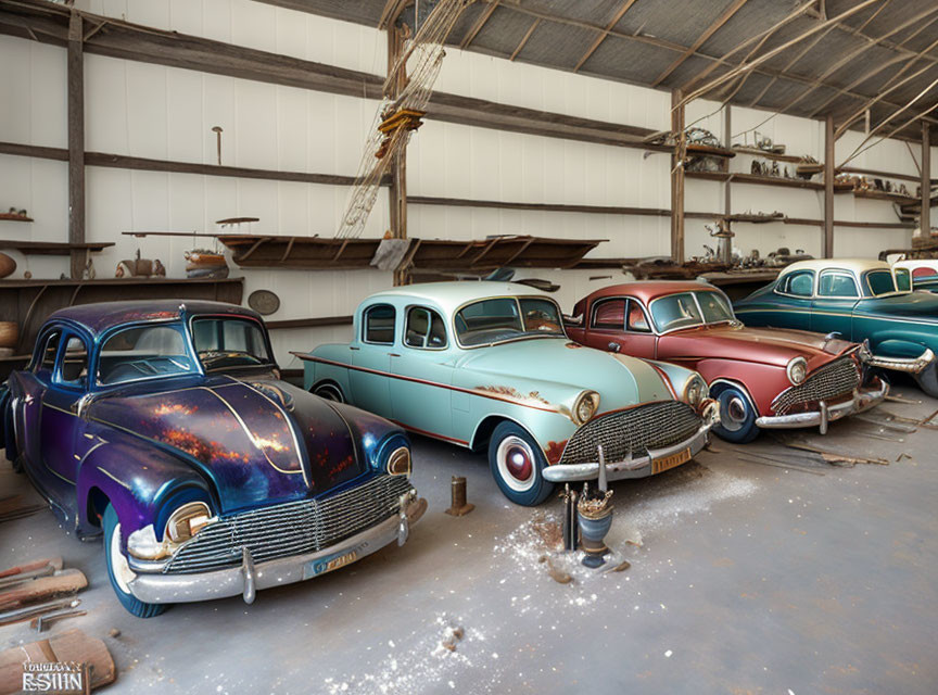 Vibrant vintage cars in dusty warehouse setting